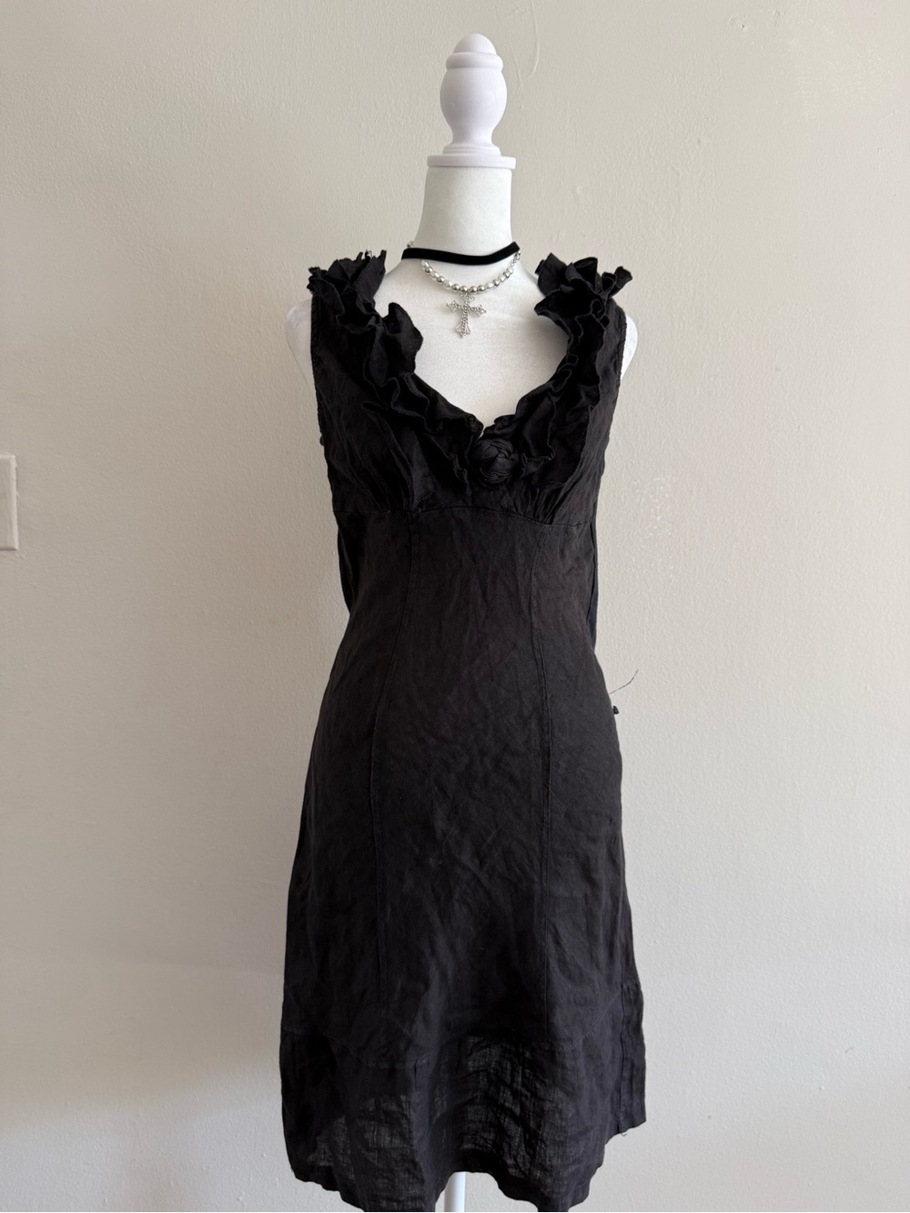 Black Goth Ruffle V-Neck Dress Summer Linen Dress